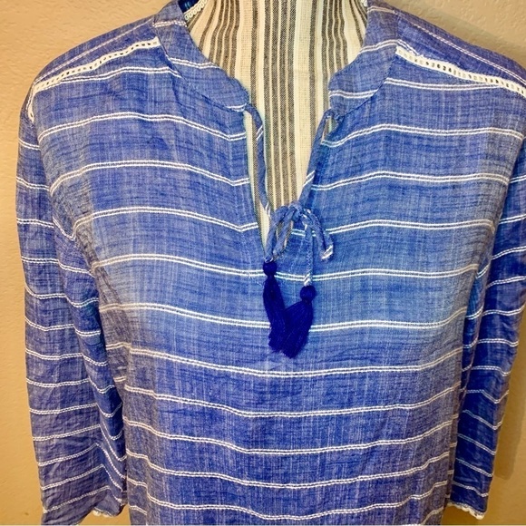 Tunic Top S / XS Fresh Produce Blue White Embroidered Detail Viscose Ties - Picture 2 of 16